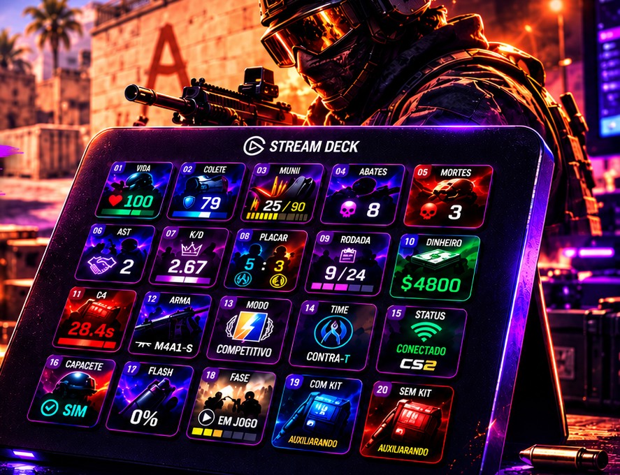 Ilustração cinematográfica de um Stream Deck em cenário de Counter-Strike 2