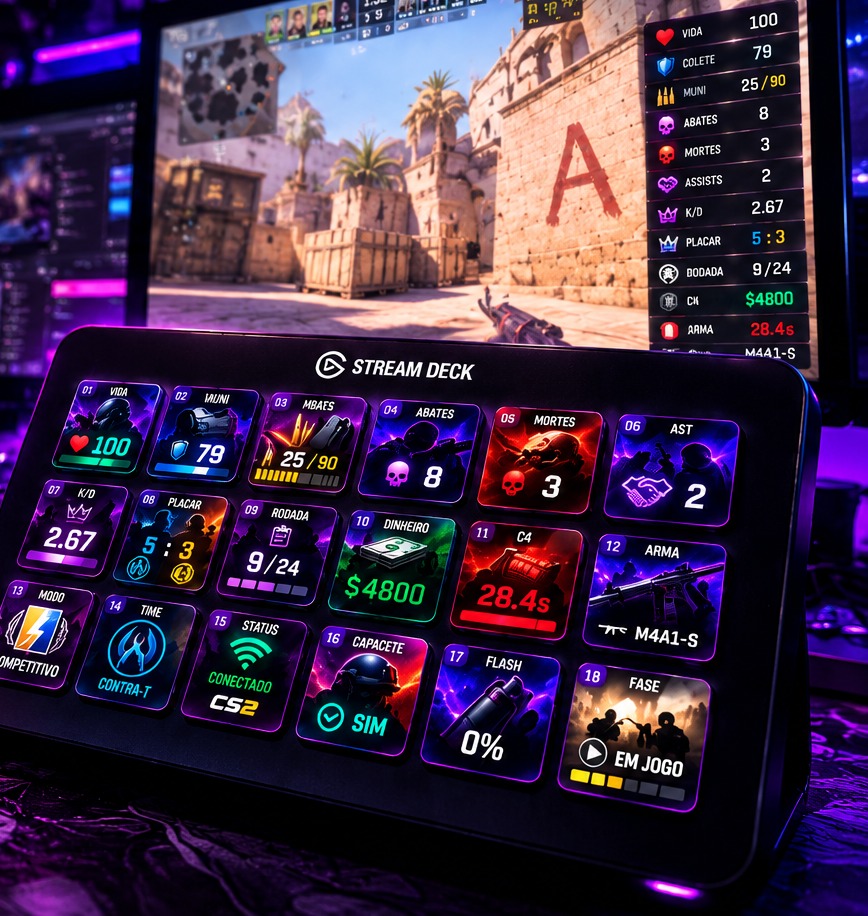 Stream Deck com indicadores coloridos do CS2 Live BR em ambiente gamer neon